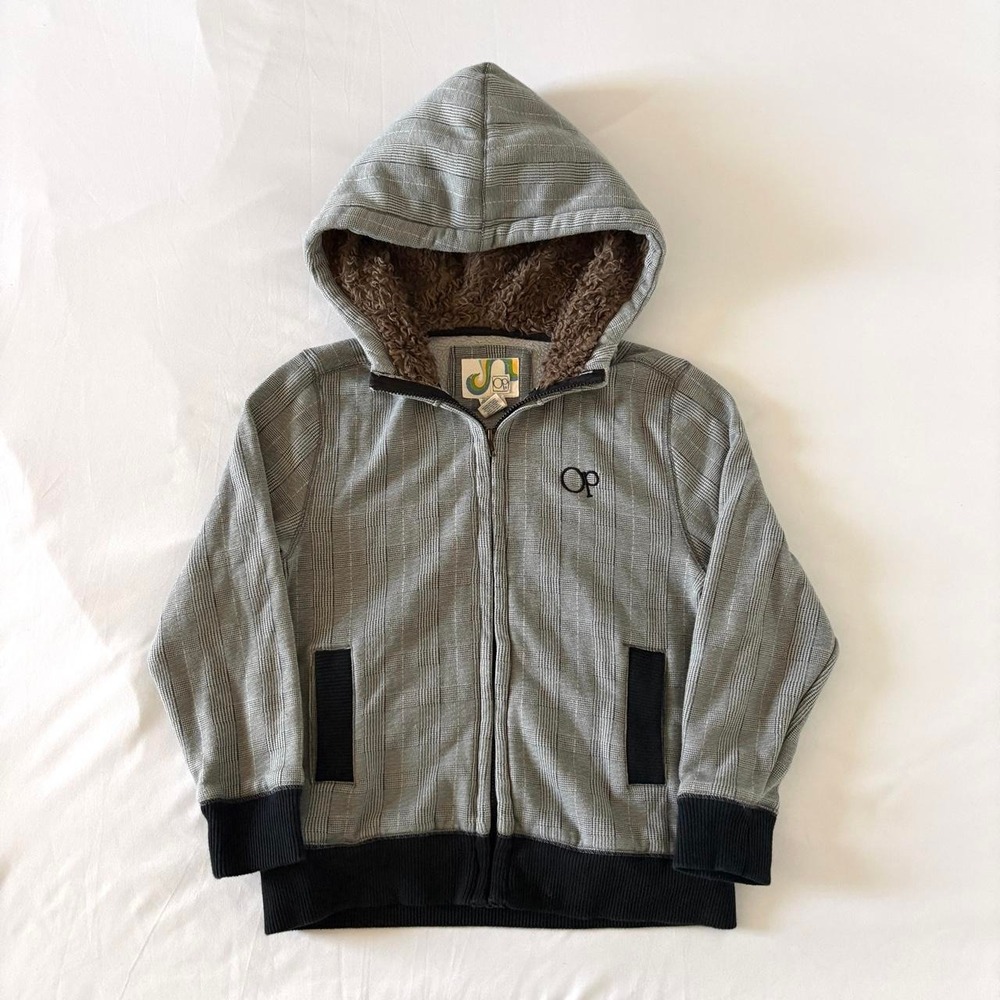 Ocean Pacific Plaid Faux Fur Hoodie Women XS Grey Y2K Zip Up Jacket